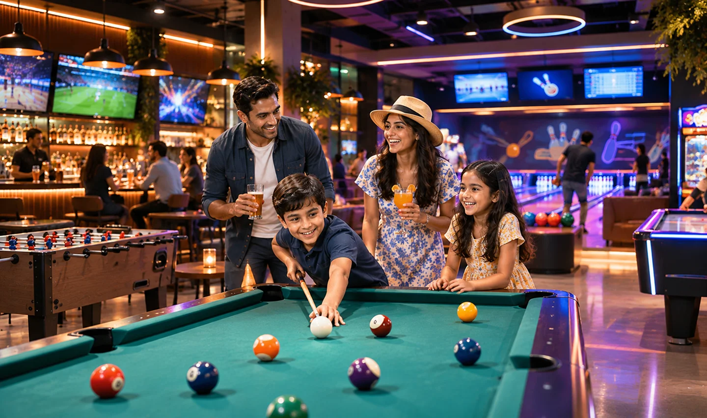 Family enjoying playing pool at a lively entertainment center with bowling and arcade games in the background.