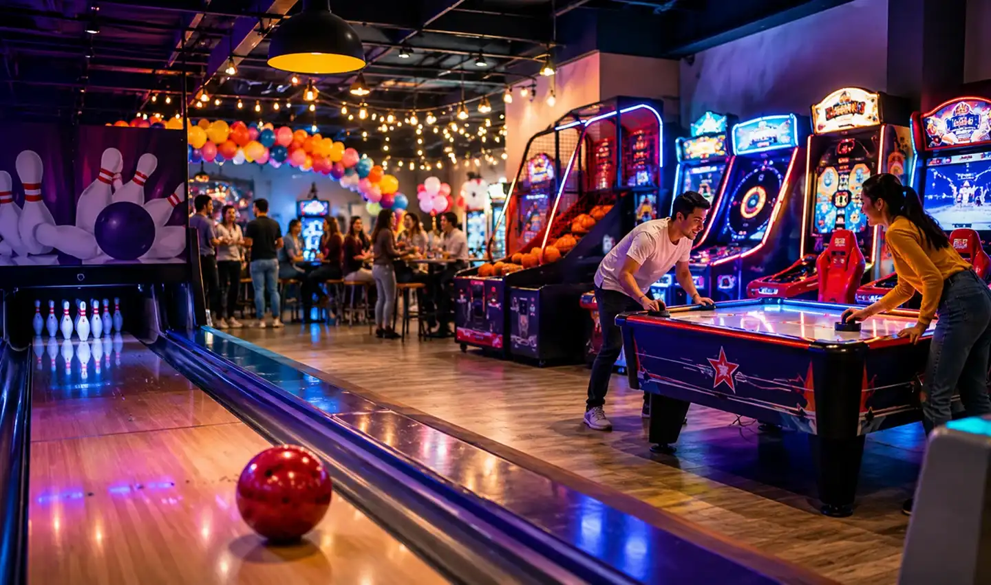Arcade scene with people playing air hockey, a bowling lane with a red ball, and colorful balloons and lights in the background.